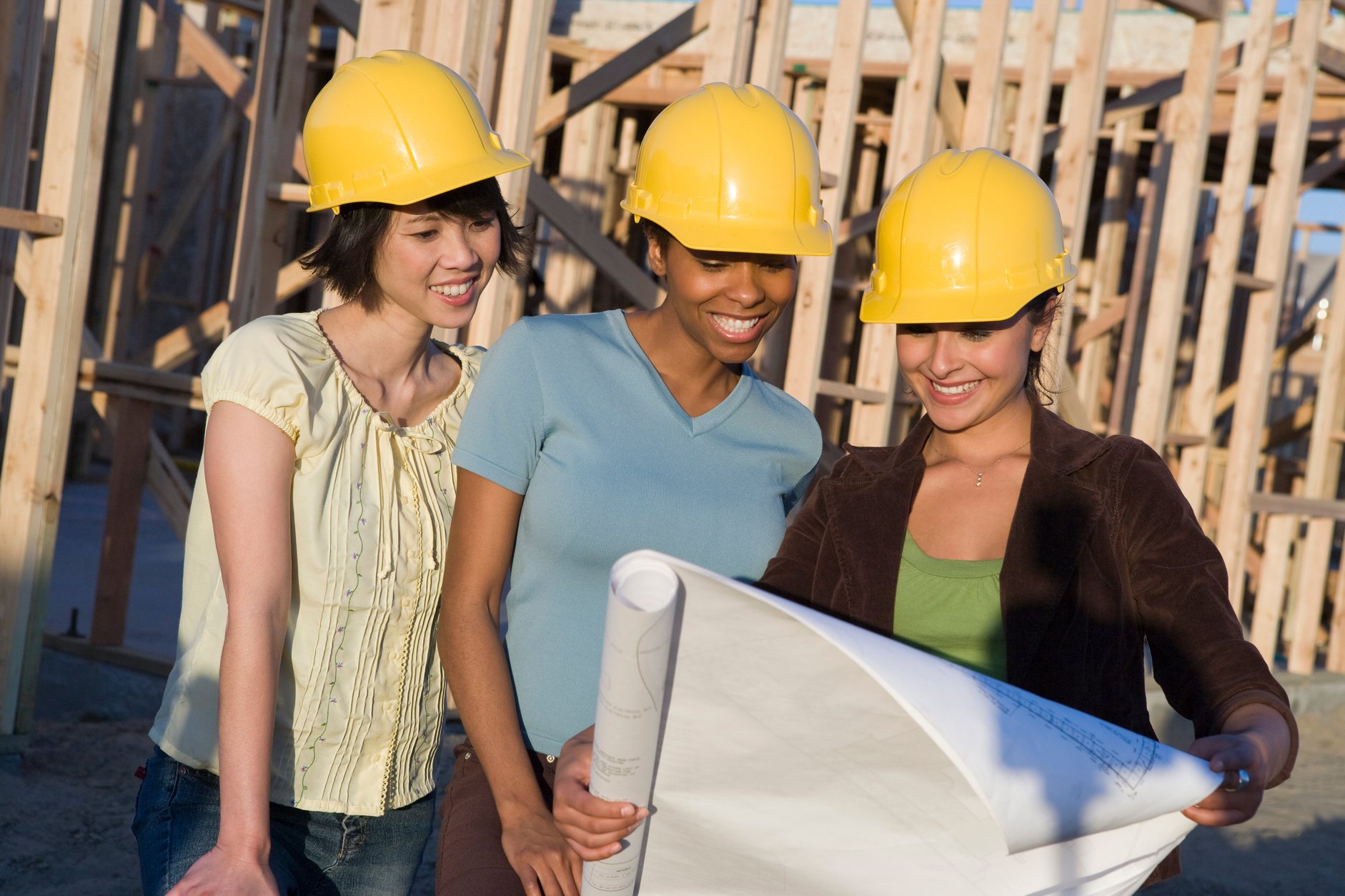 Young women in construction site